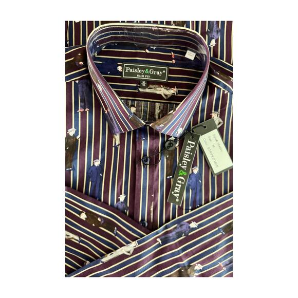 Paisley & Gray Men’s Slim Fit Dress Shirt M Striped Man Print Burgundy Navy NWT - Picture 9 of 14
